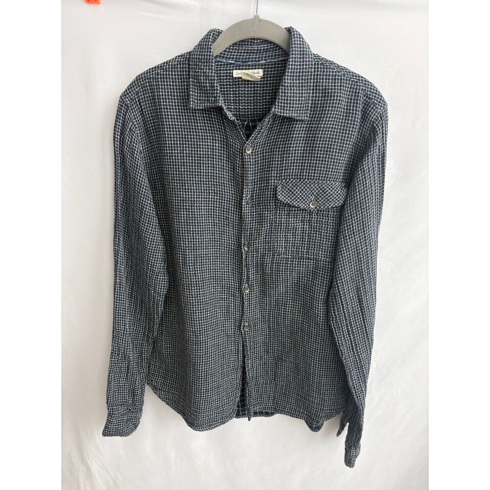 Carbon2Cobalt Double Cloth Blue Plaid Button Up Cotton Shirt Men Slim Size S